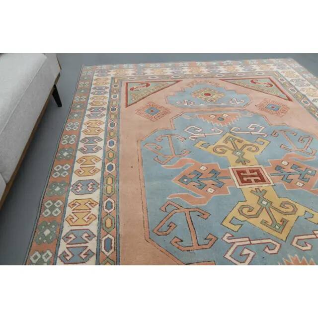 1970s Vintage Turkish Oushak Handmade Wool Cotton Blue Area Rug 220x310