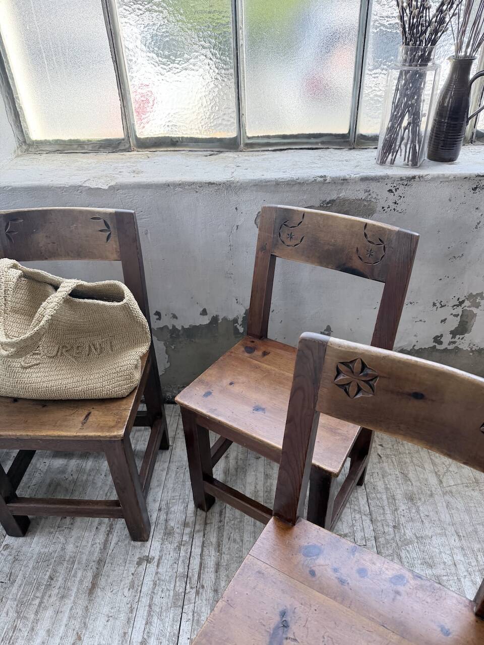 Set of 4 Savoyard pine folk art chairs from the 1950s.