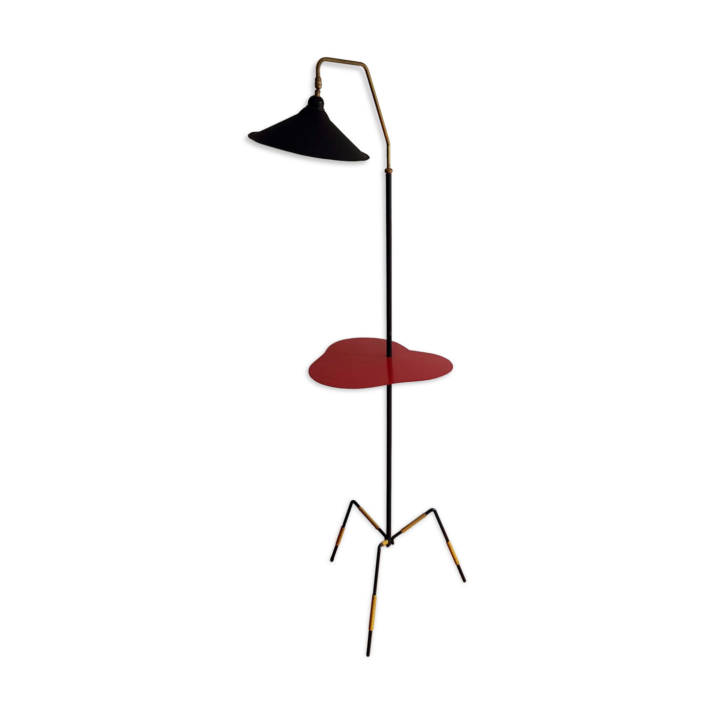 Vintage tripod floor lamp with red tablet Black metal and scoubidou