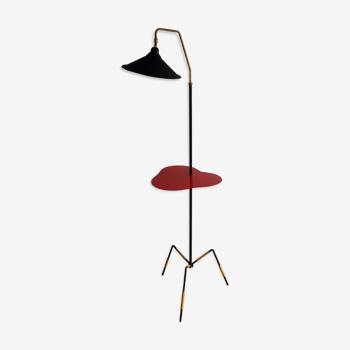 Vintage tripod floor lamp with red tablet Black metal and scoubidou