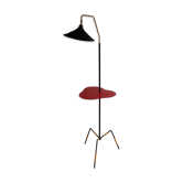 Lampadaire tripode vintage avec tablette rouge Métal noir et scoubidou