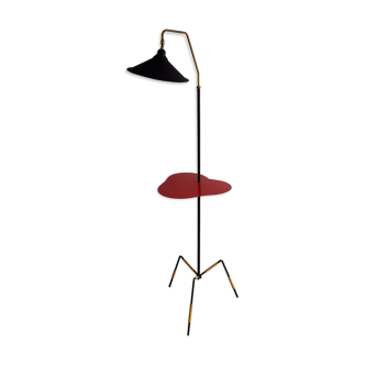 Vintage tripod floor lamp with red tablet Black metal and scoubidou