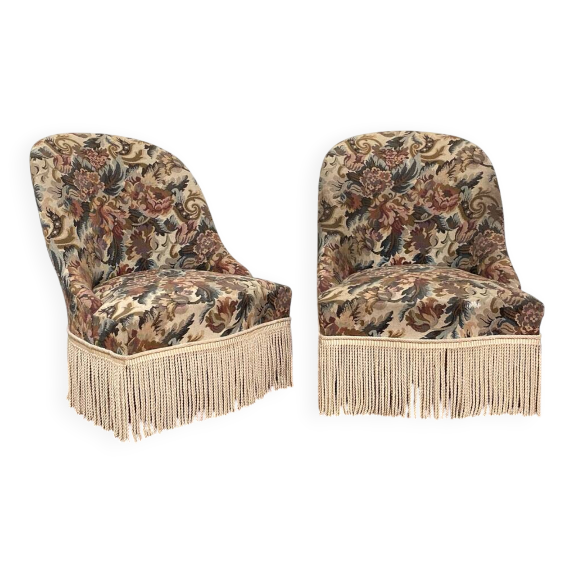 Pair of antique tapestry toad armchairs