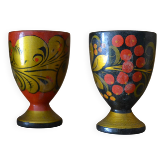 Set of 2 patterned wooden egg cups