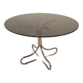 Table basse italienne du milieu du siècle en chrome et acier avec plateau rond en verre fumé, années 1960