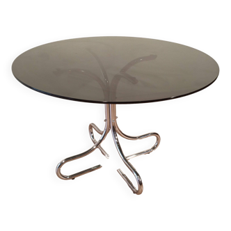 Table basse italienne du milieu du siècle en chrome et acier avec plateau rond en verre fumé, années 1960