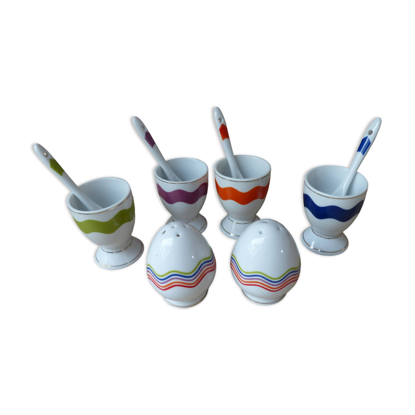 Set of 4 egg cups with spoons, colourful vintage salt and pepper shakers.