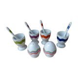 Set of 4 vintage colored egg cups with spoons, salt and pepper shakers