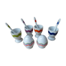 Set of 4 vintage colored egg cups with spoons, salt and pepper shakers