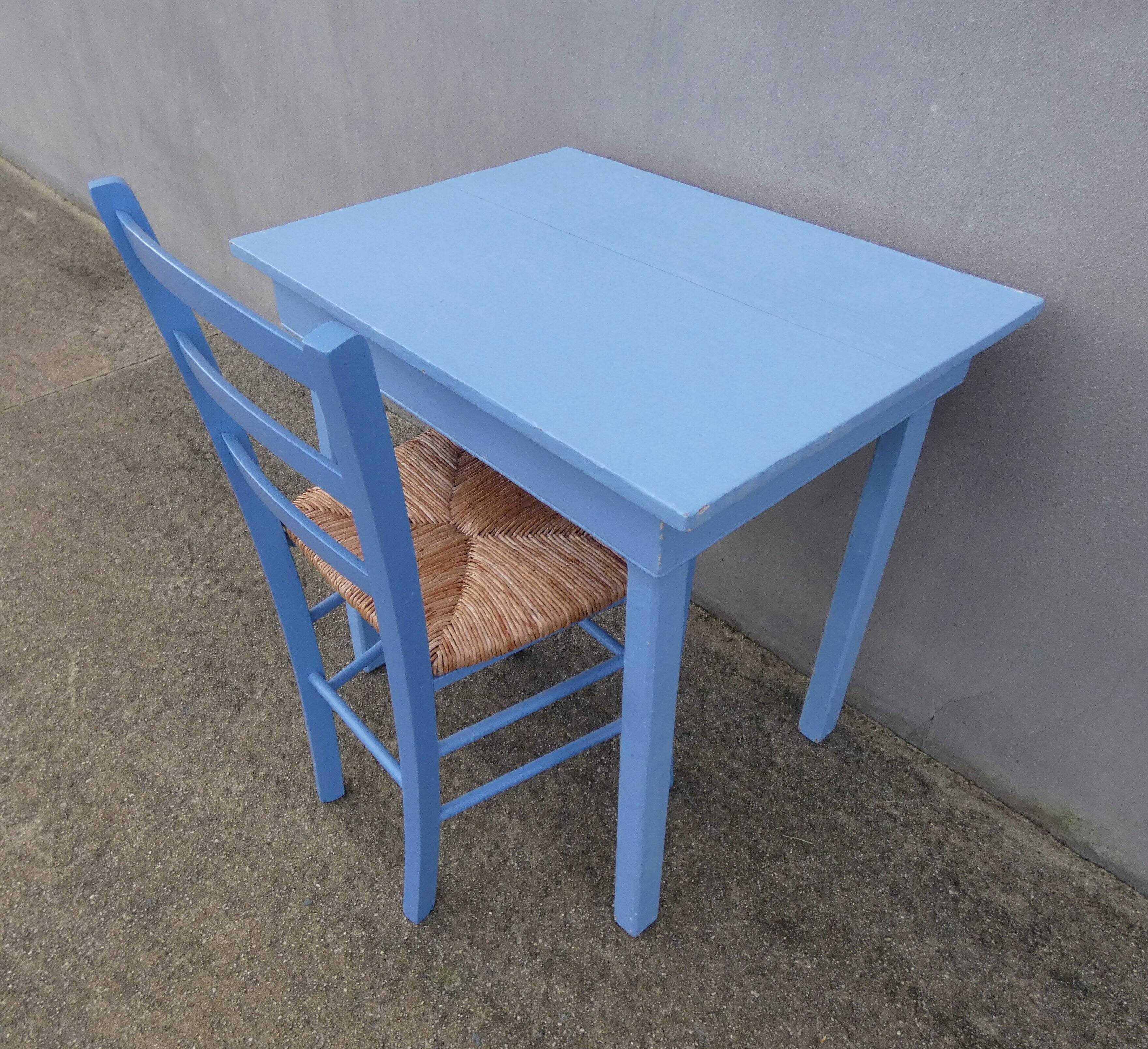 side table + blue wooden chair