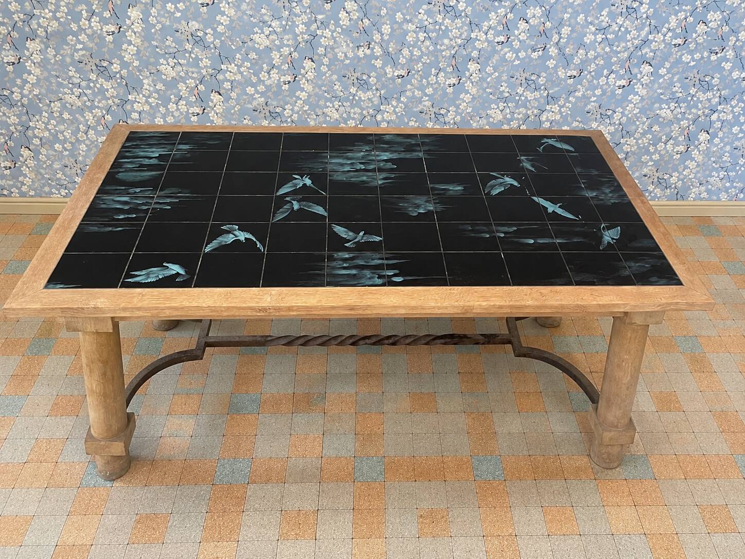 dining table in solid cherry wood and ceramic signed Philippe Rouart