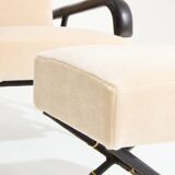 Jacques Adnet Rocking chair and ottoman in leather and mohair velvet 1950