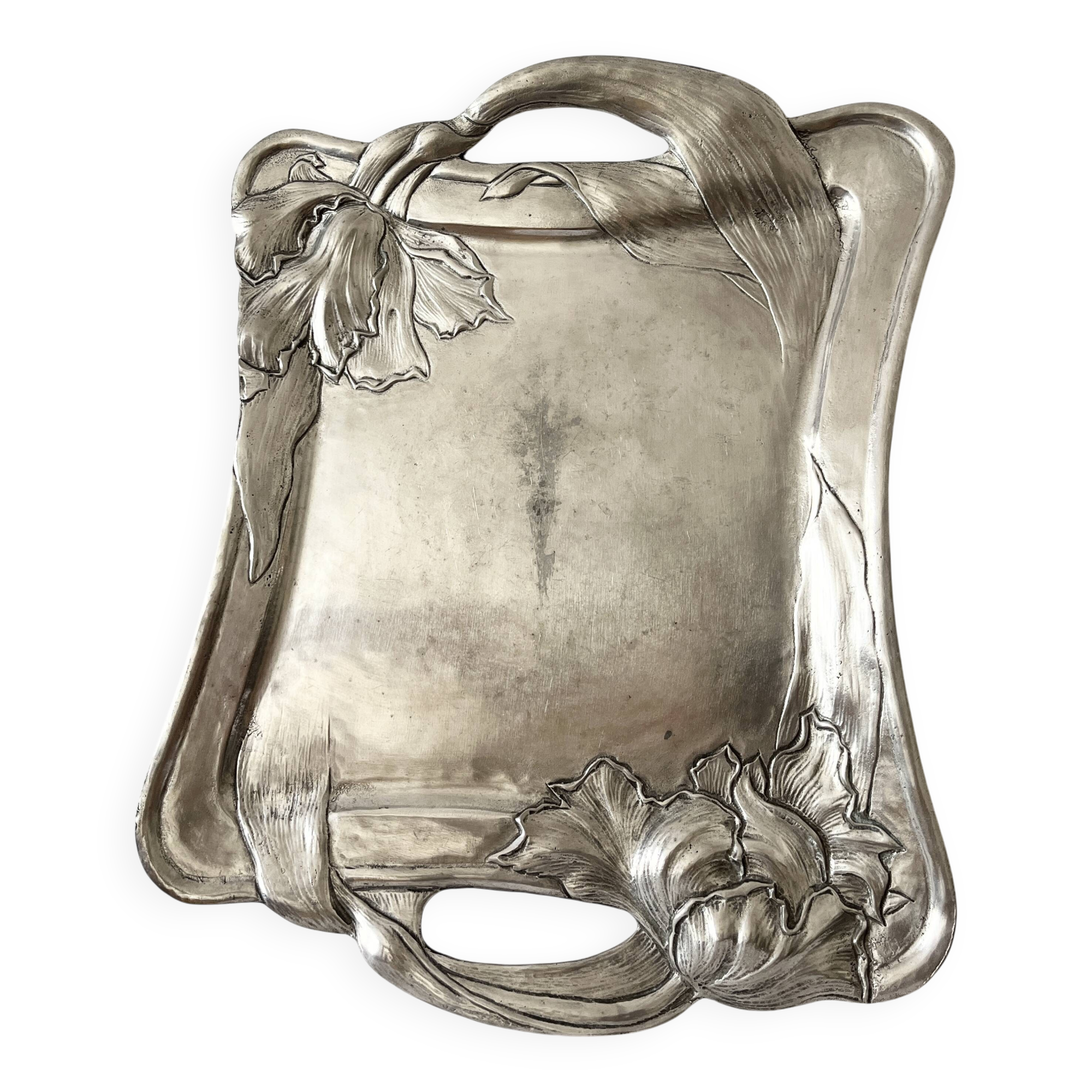 Antique Art Nouveau Pewter Tray, Tulip Design Serving Tray,  France, 1980s