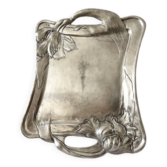 Antique Art Nouveau Pewter Tray, Tulip Design Serving Tray,  France, 1980s