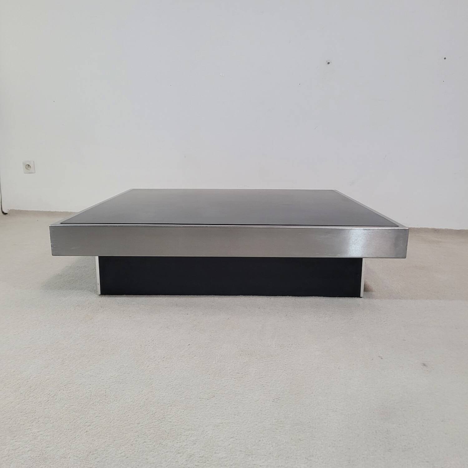 Large vintage black and stainless steel coffee table from the 1970s