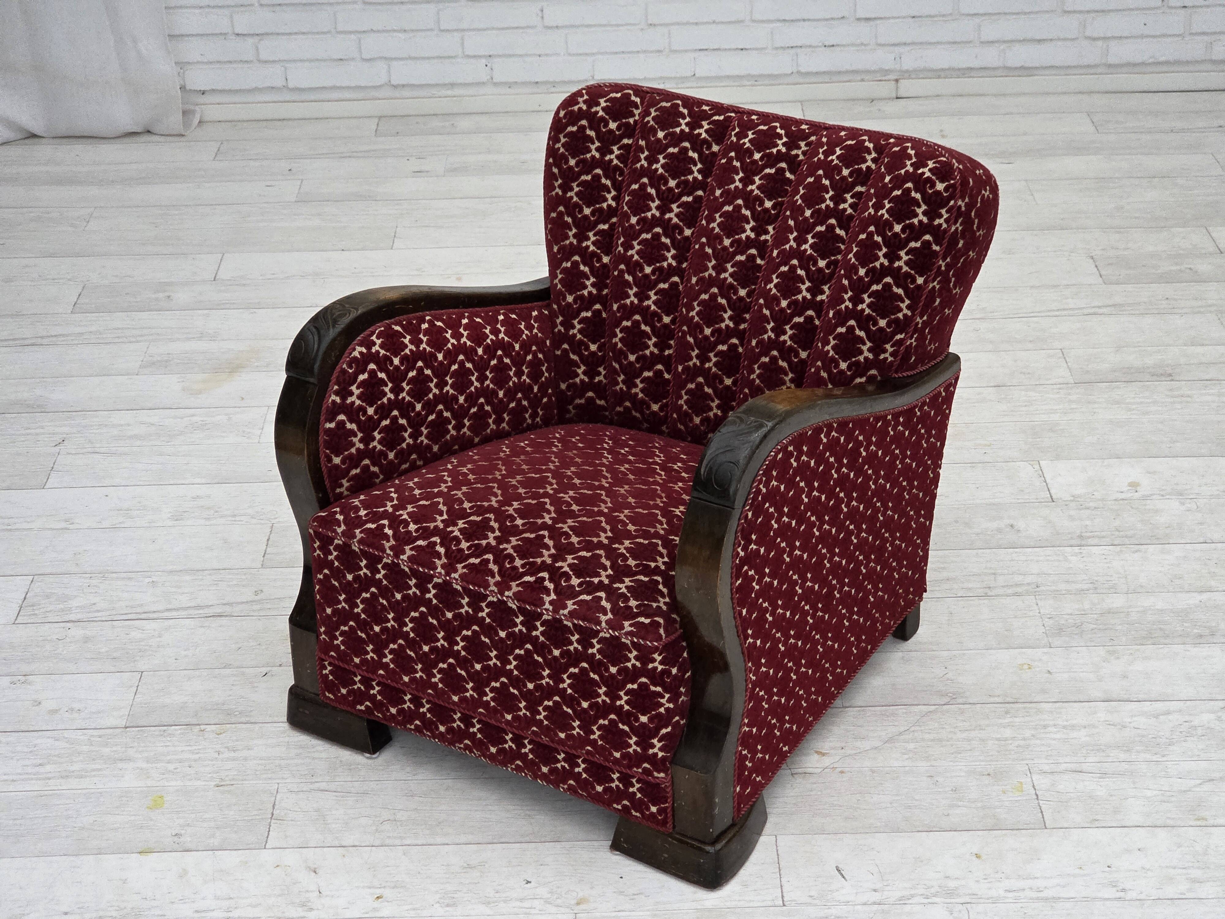 1960s, Danish armchair, cherry-red furniture velour, oak wood.