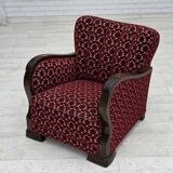 1960s, Danish armchair, cherry-red furniture velour, oak wood.
