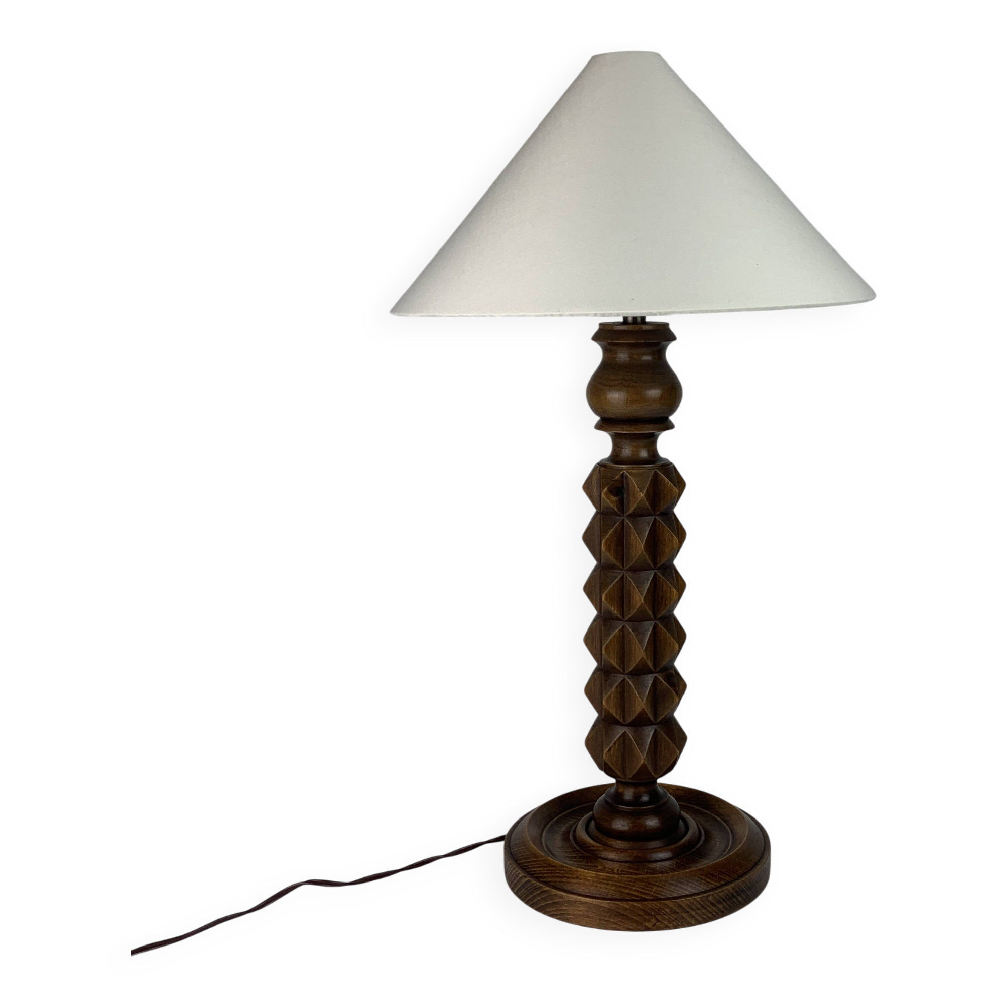 Brutalist wood turned table lamp in the style of Charles Dudouyt, 1940s