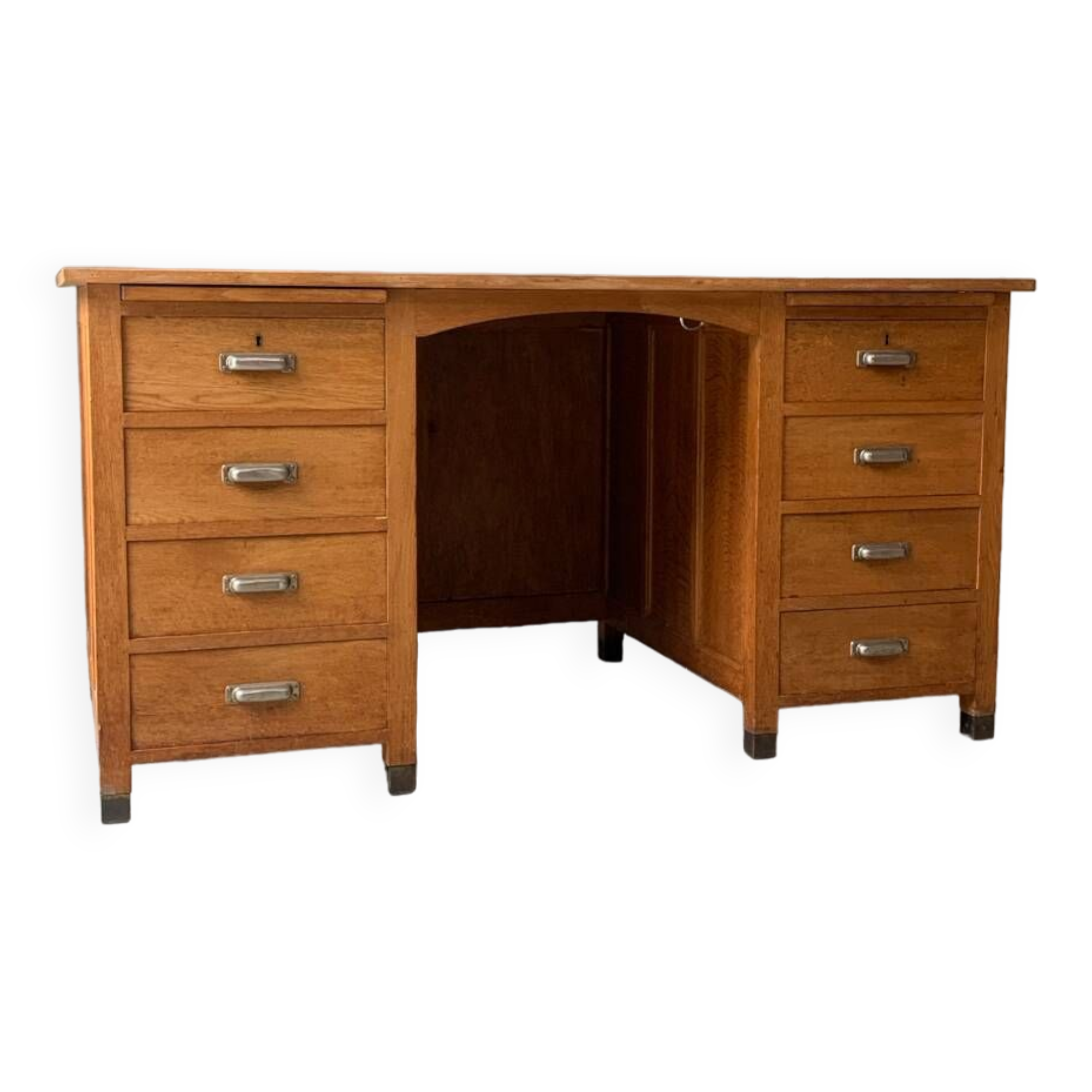 Bureau Vintage en Chêne avec 8 Tiroirs