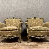 Pair of Louis XV style Venetian armchairs in gilded wood circa 1950