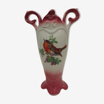 Old art nouveau vase in fine faience "onnaing" white and pink decorations birds