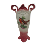 Ancien vase art nouveau en faience fine  "onnaing"blanc et rose décors oiseaux