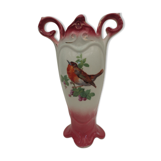 Old art nouveau vase in fine faience "onnaing" white and pink decorations birds