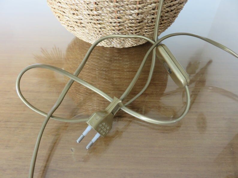 Ball lamp in rope, rattan, ceramic and brass 70s