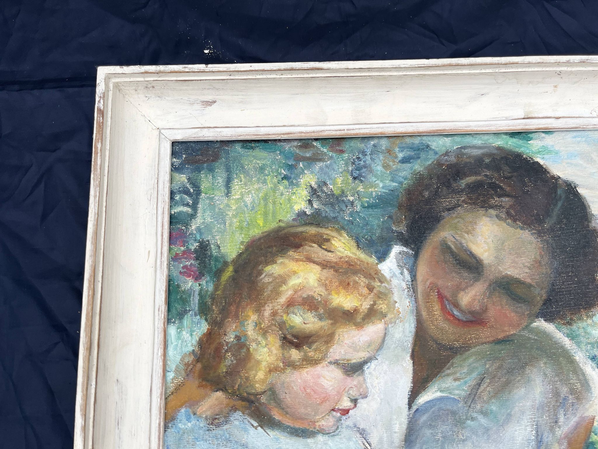 Tableau ancien, mère et enfant, style impressionniste début XXe