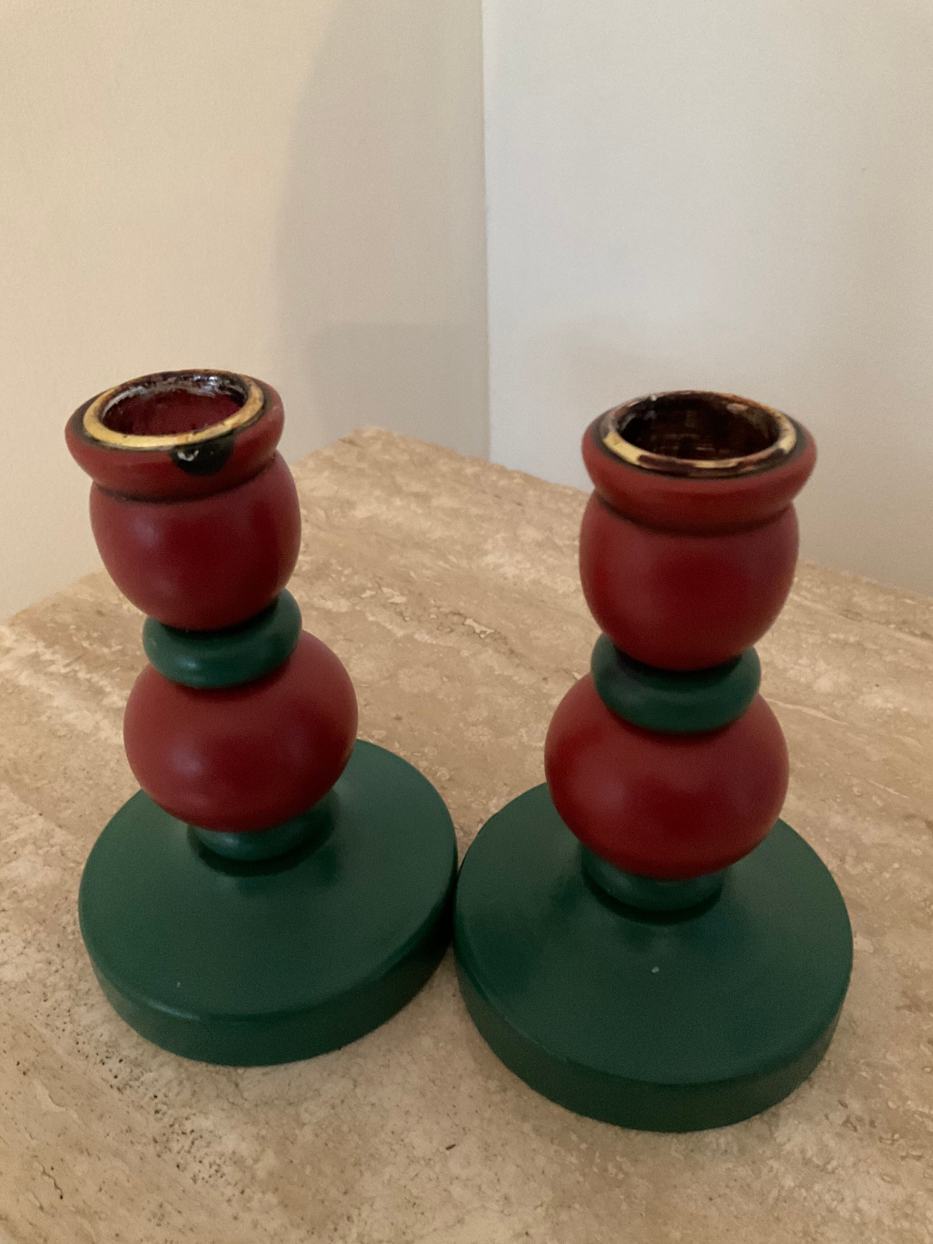 Duo of vintage Swedish wooden candle holders