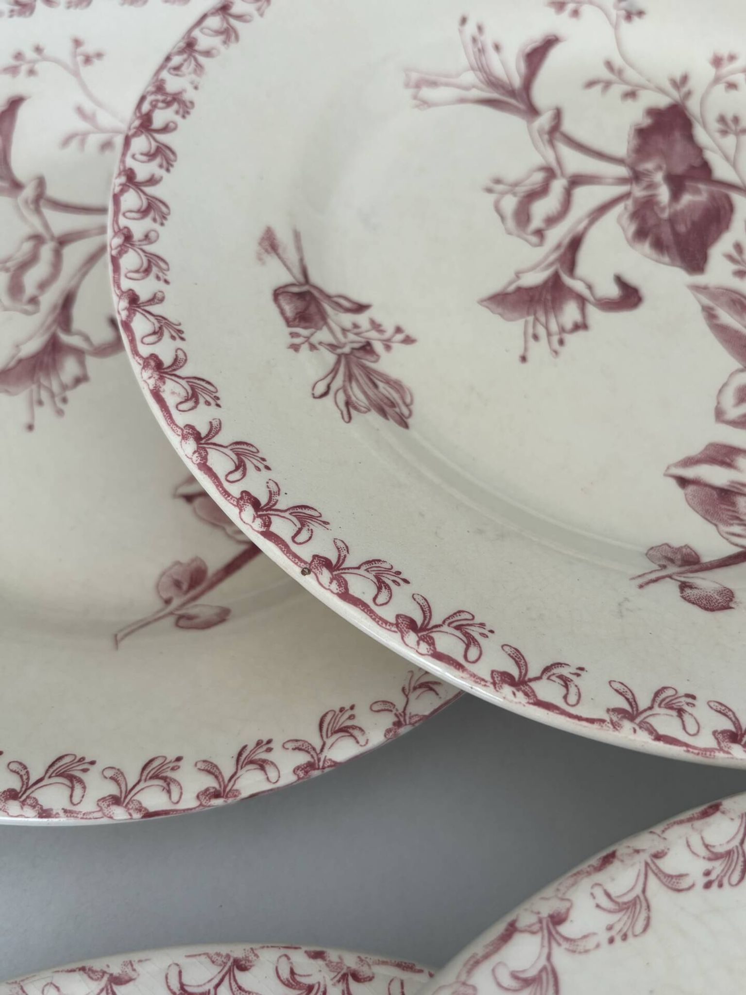 Lot de six assiettes, terre de fer, rouge, Gien, chèvrefeuille, faïenc