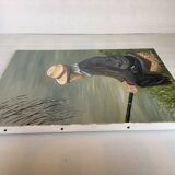 Tableau pêcheur à la ligne huile sur toile signée