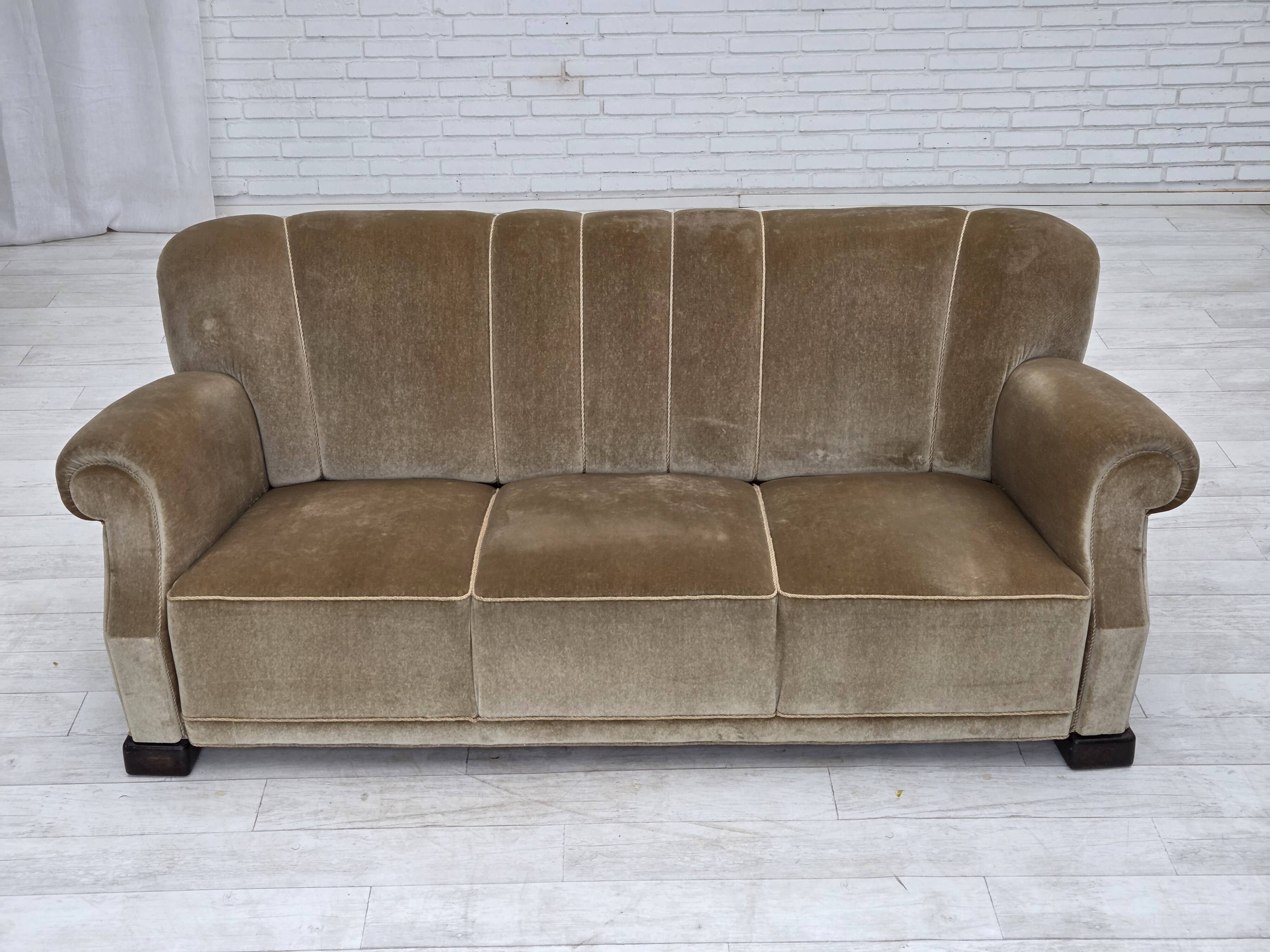 1960s, Danish 3-seater sofa, green furniture velour, oak wood legs.