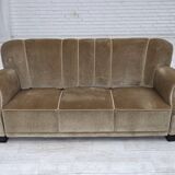 1960s, Danish 3-seater sofa, green furniture velour, oak wood legs.
