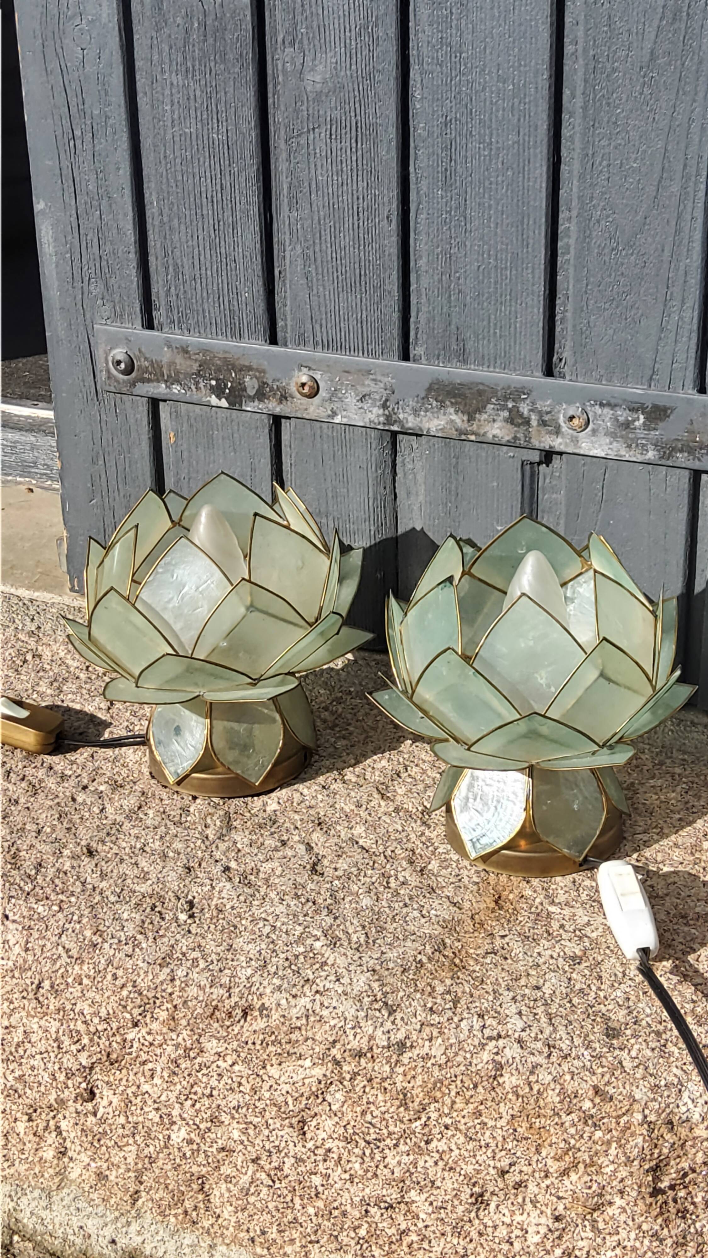 Pair of designer table lamps in turquoise blue green capiz mother-of-pearl from the 70s
