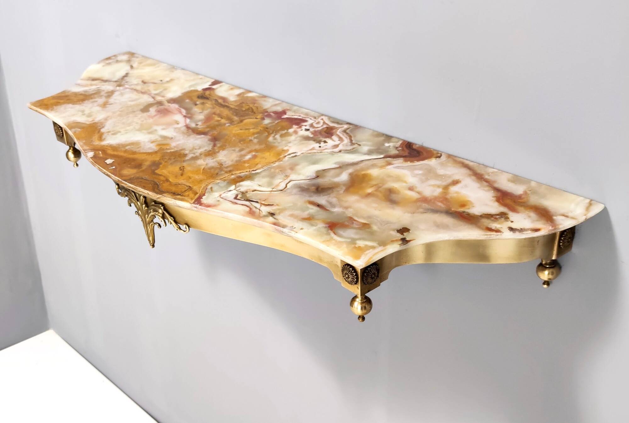 Vintage Wall-Mounted Brass Console Table with Yellow Onyx Top, Italy