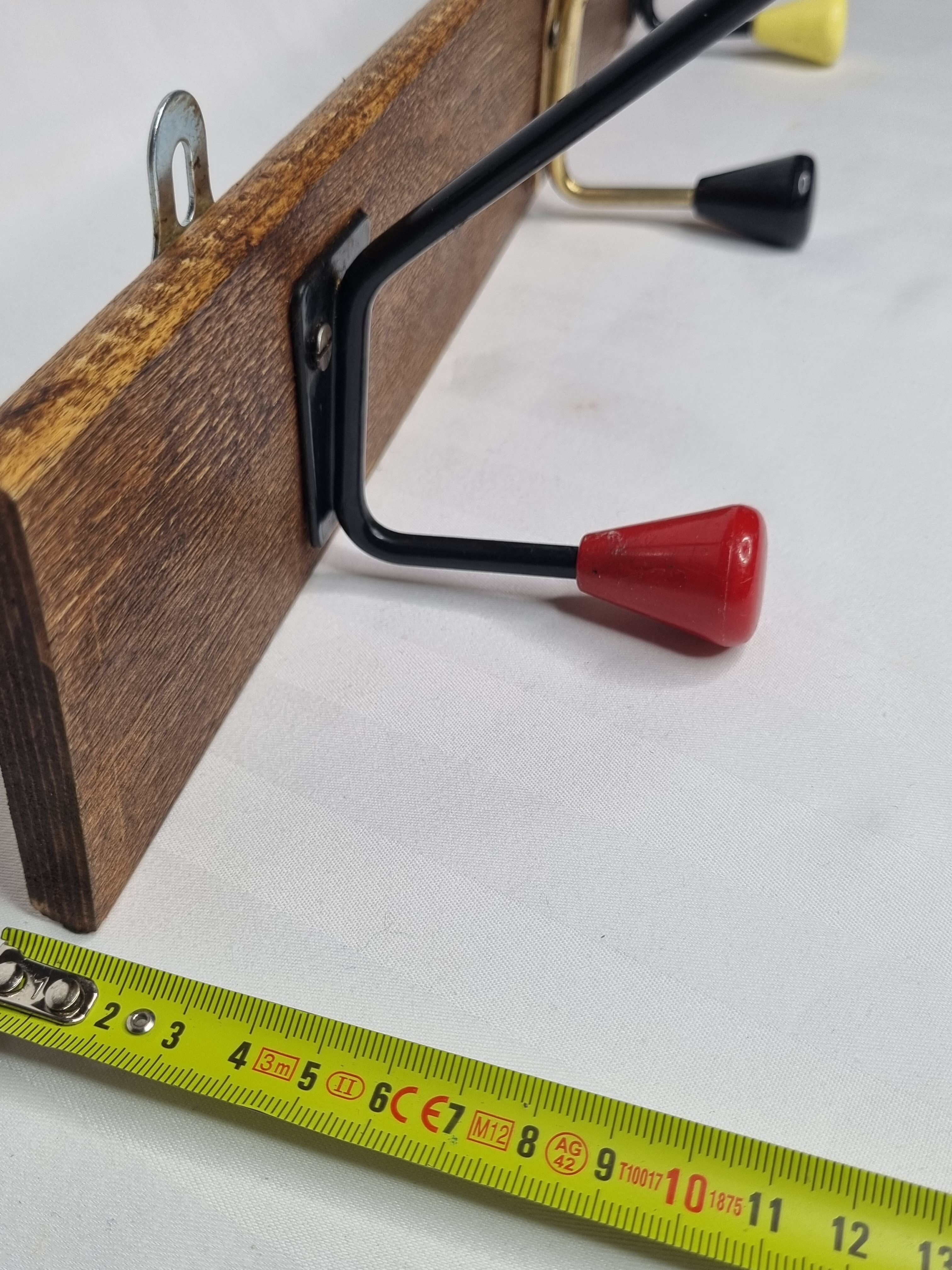 Vintage coat rack, three double tricolor hooks, 50-60s, 53 cm