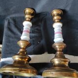 xix eme / pair brass porcelain candle holders