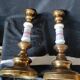 xix eme / pair brass porcelain candle holders