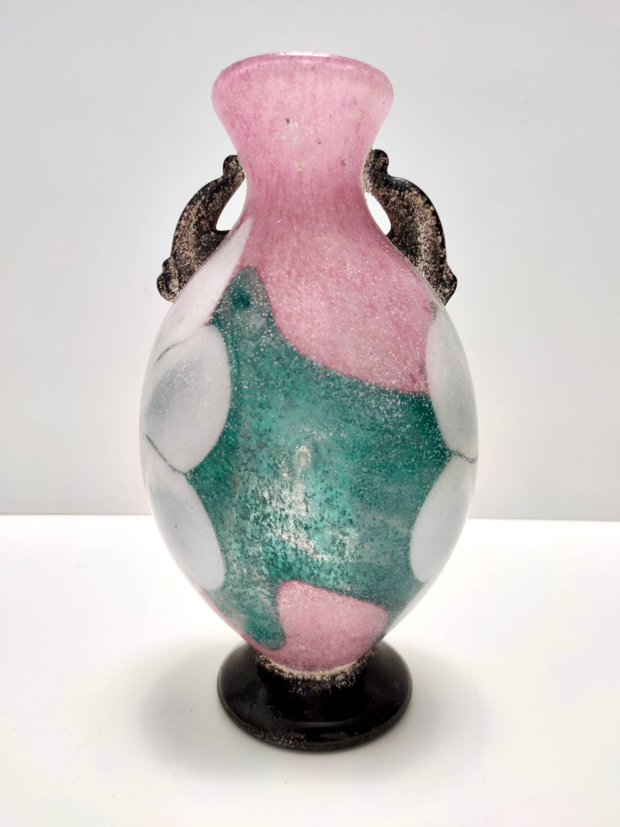 Postmodern Pink, Green and White Hand Blown Scavo Glass Vase, Murano, Italy