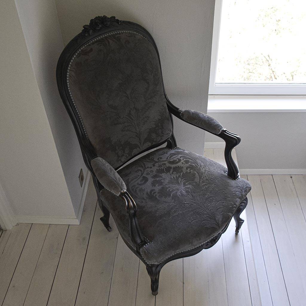 Antique armchair from the Napoléon III era, black wood with grey embossed velvet.