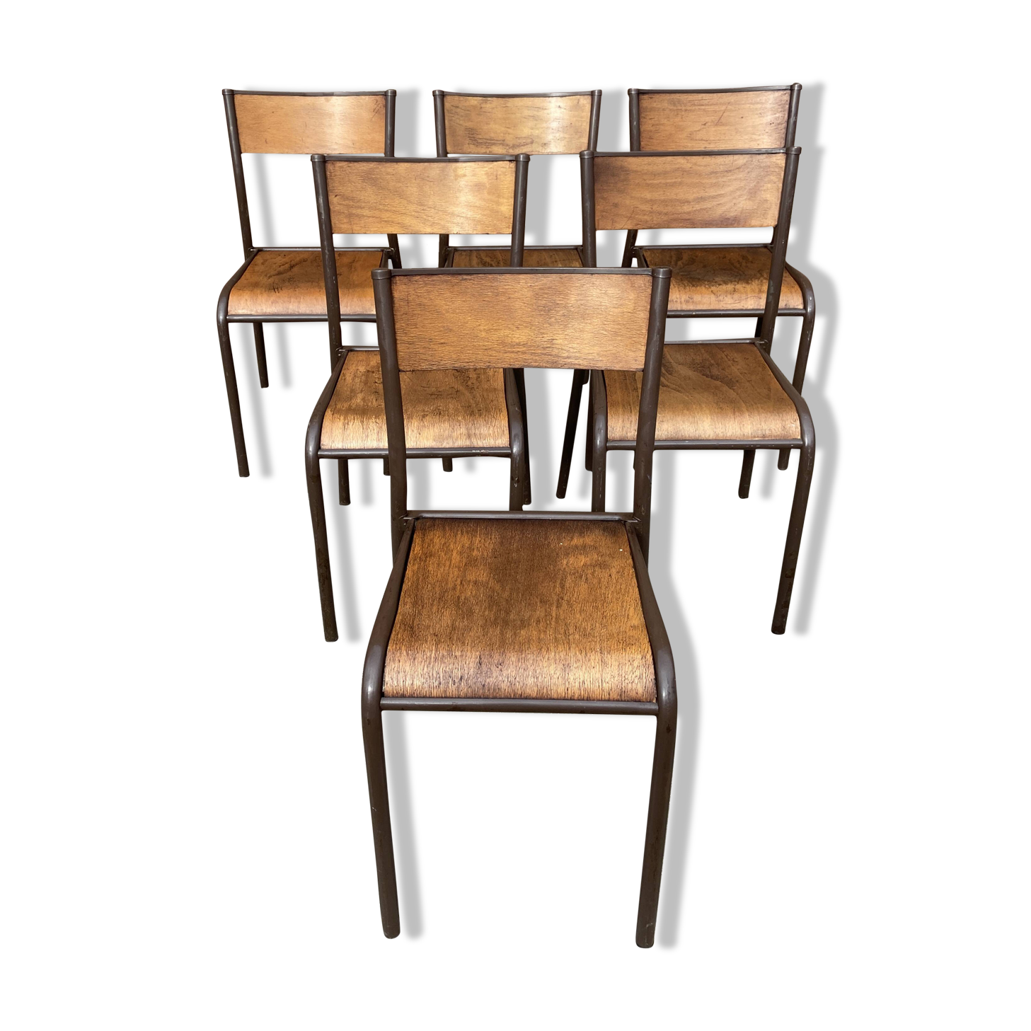 Set of 6 vintage industrial school chairs for communities mullca delagrave tube & wood