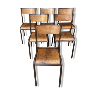 Set of 6 vintage industrial school chairs for communities mullca delagrave tube & wood