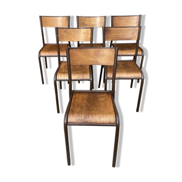 Set of 6 vintage industrial school chairs for communities mullca delagrave tube & wood