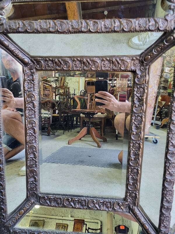 Louis xvi style repousse brass mirror with glass beads