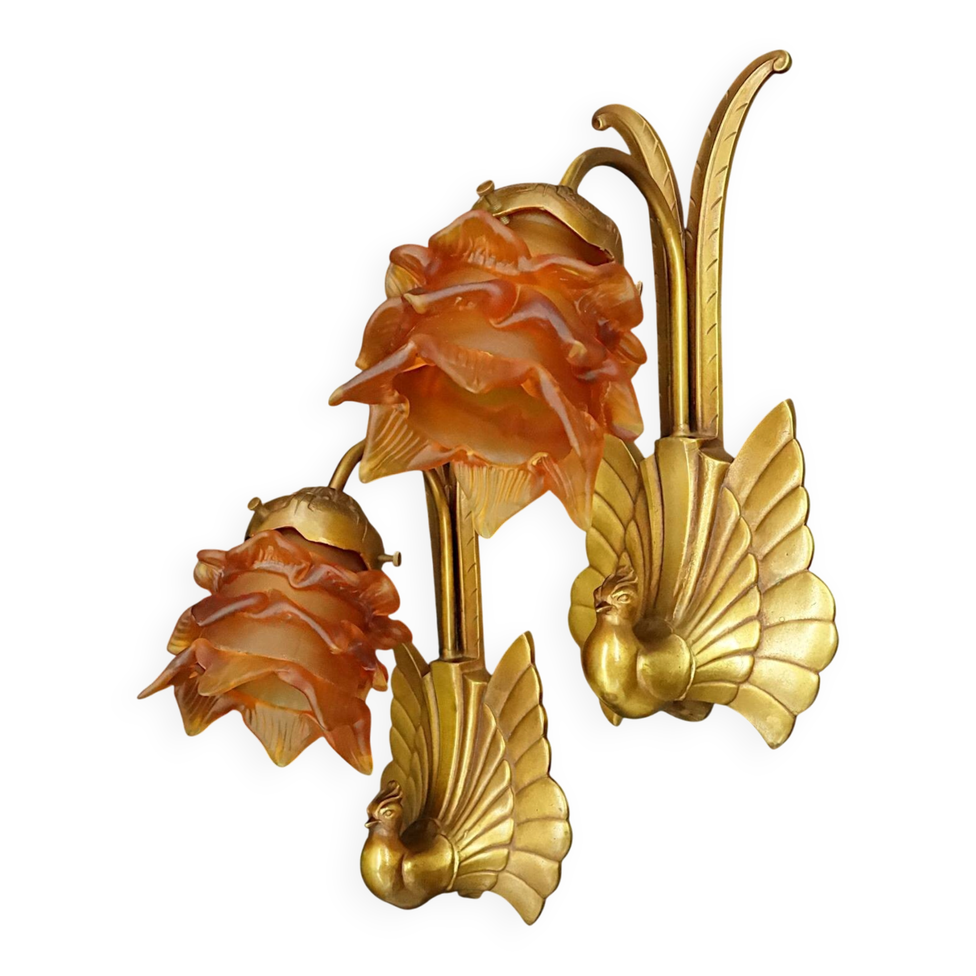Pair of wall sconces with peacocks from the Art Nouveau period - bronze by Charles Ranc.