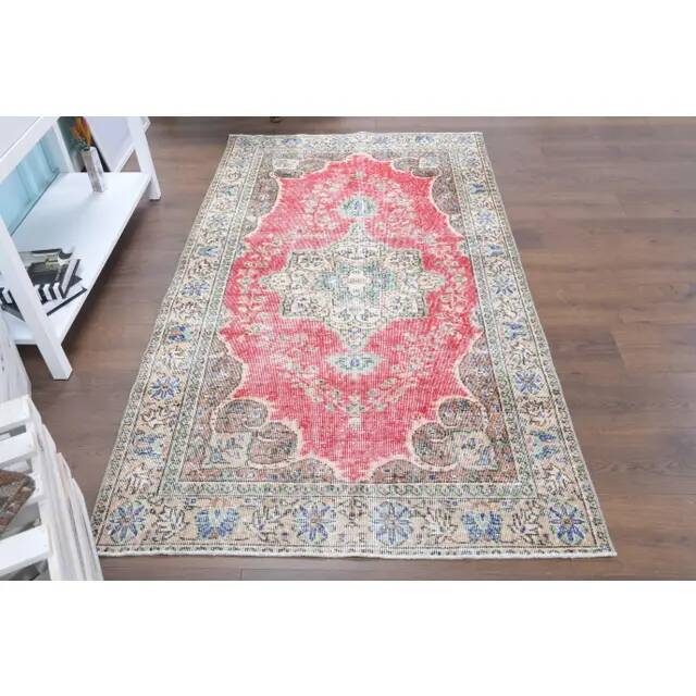 Vintage Turkish Oushak Handmade Wool Cotton Red Area Rug  111x199