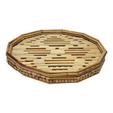 Rattan straw bamboo serving tray French vintage 70s