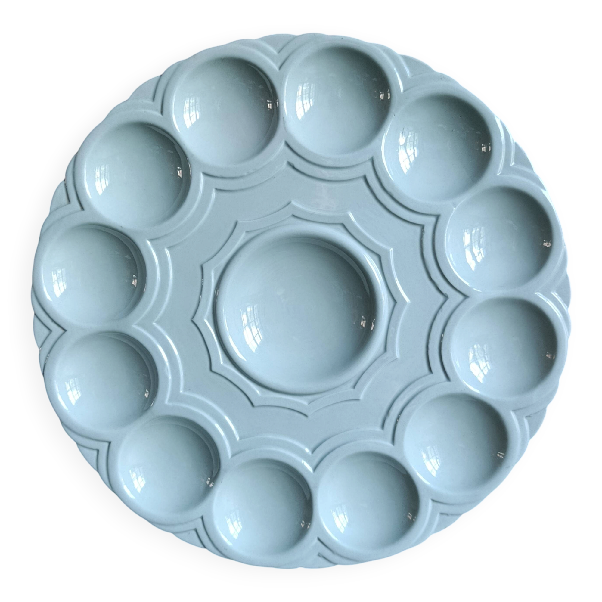 Art Decó French Sarreguemines oyster tray in Majolica, light blue