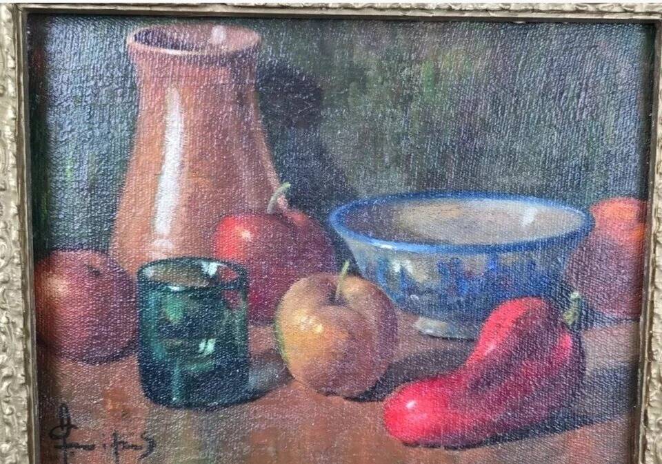 20th Century French Fruit and Pitcher Tabletop Still Life Oil Painting
